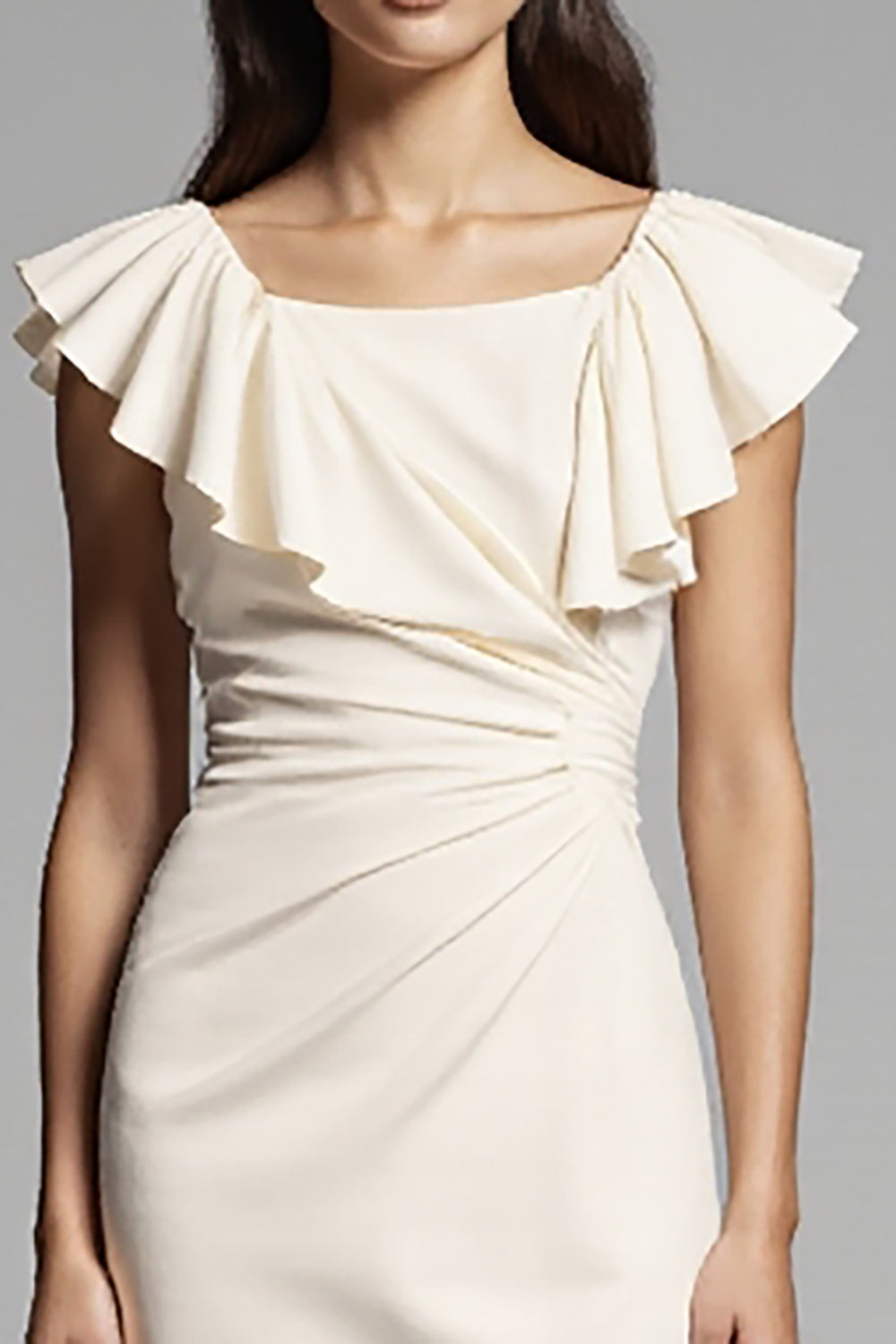 Ivory Satin Bodycon Midi Work Dress with Ruffles