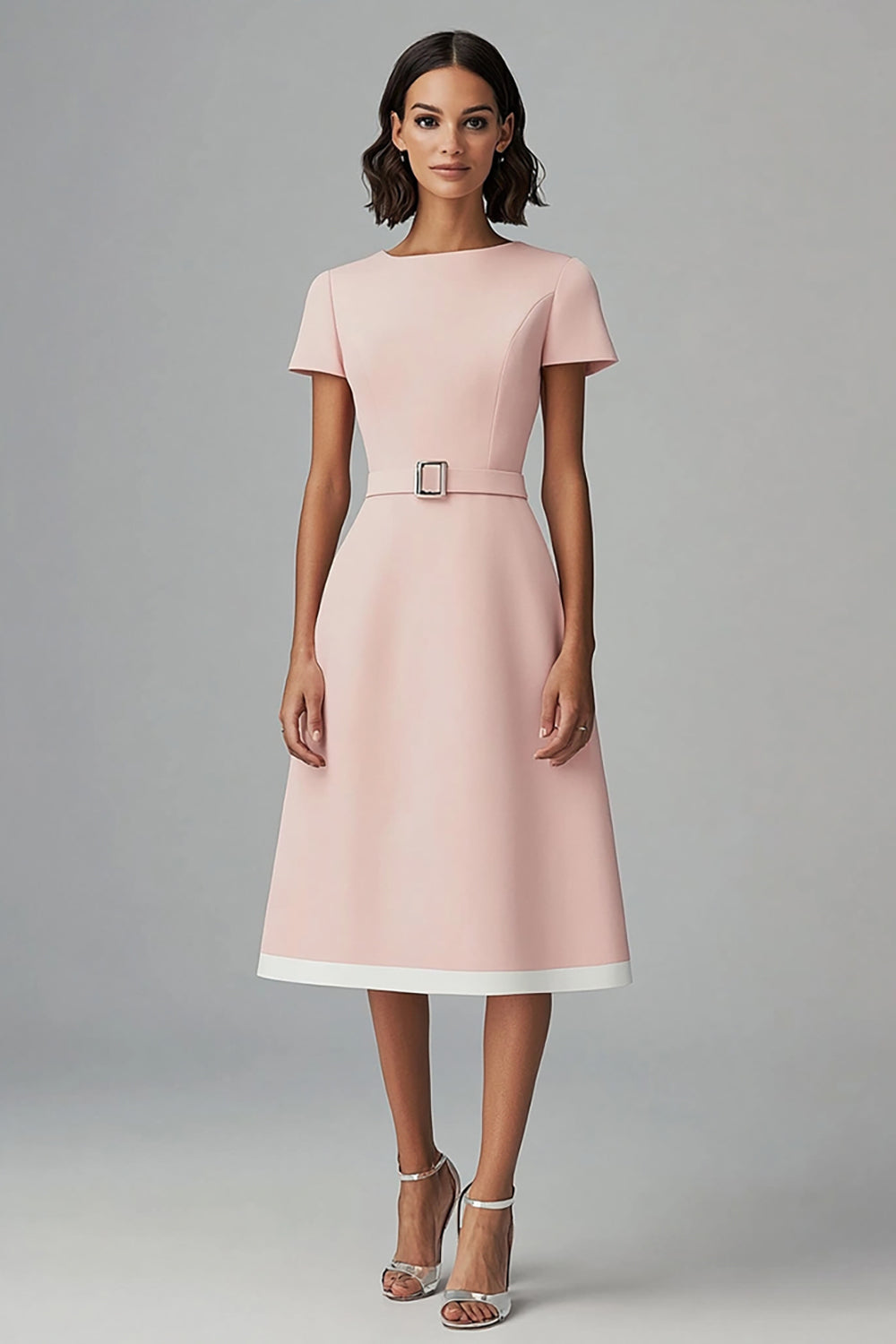 Pink Satin A Line Bateau Neck Midi Work Dress with Sleeves