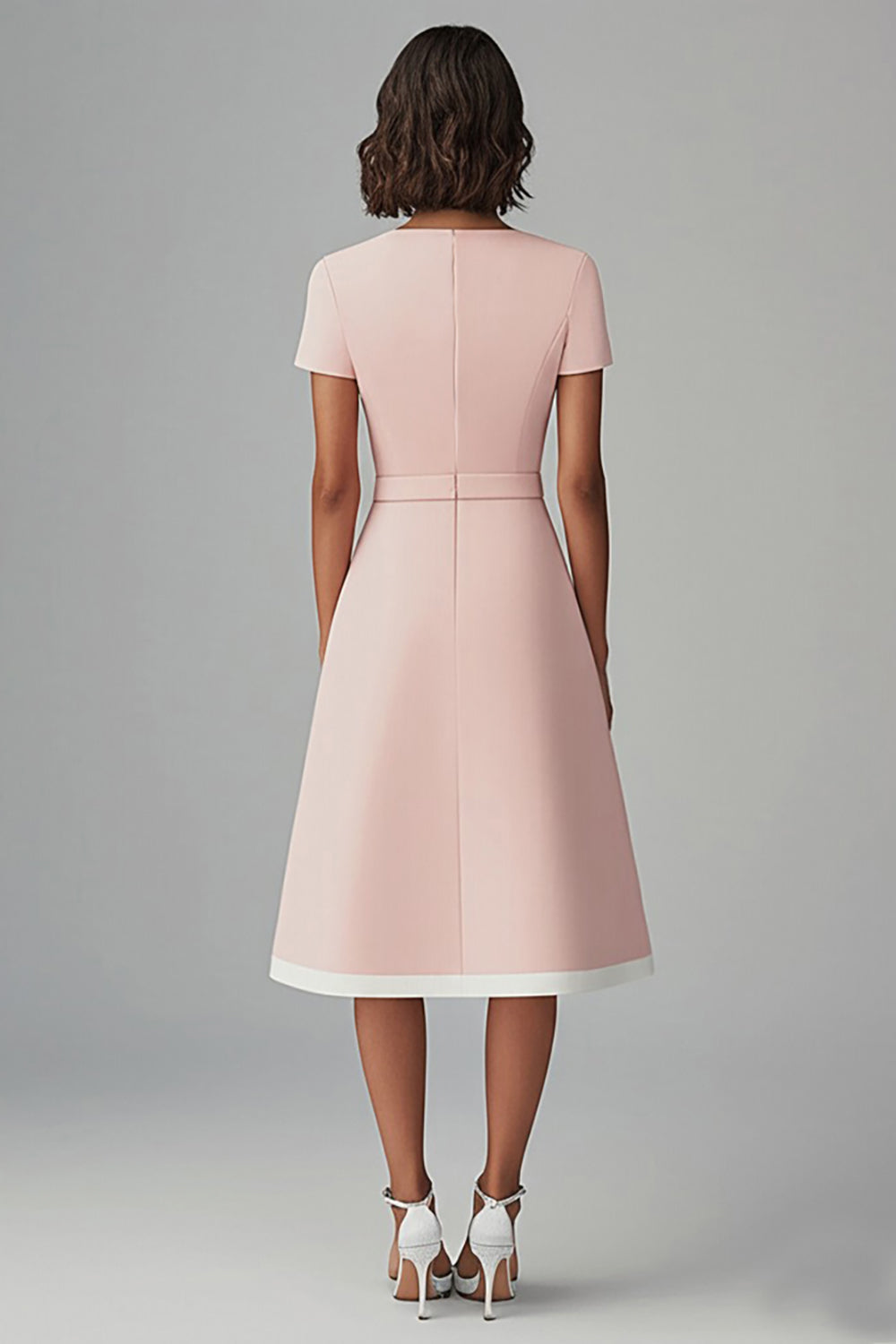 Pink Satin A Line Bateau Neck Midi Work Dress with Sleeves