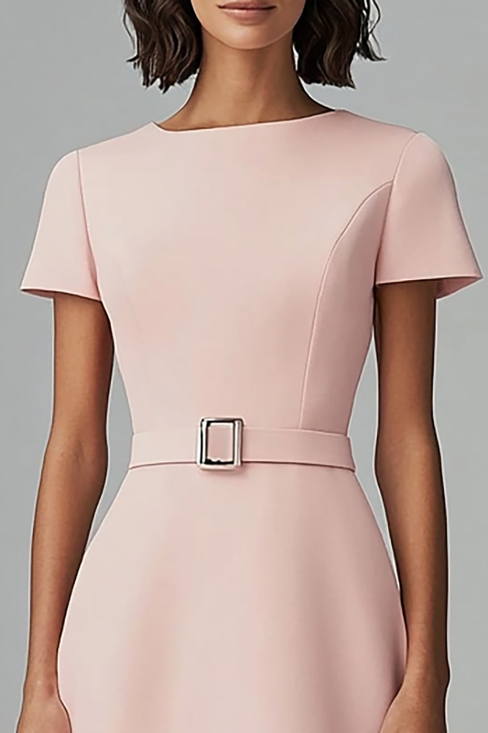 Pink Satin A Line Bateau Neck Midi Work Dress with Sleeves