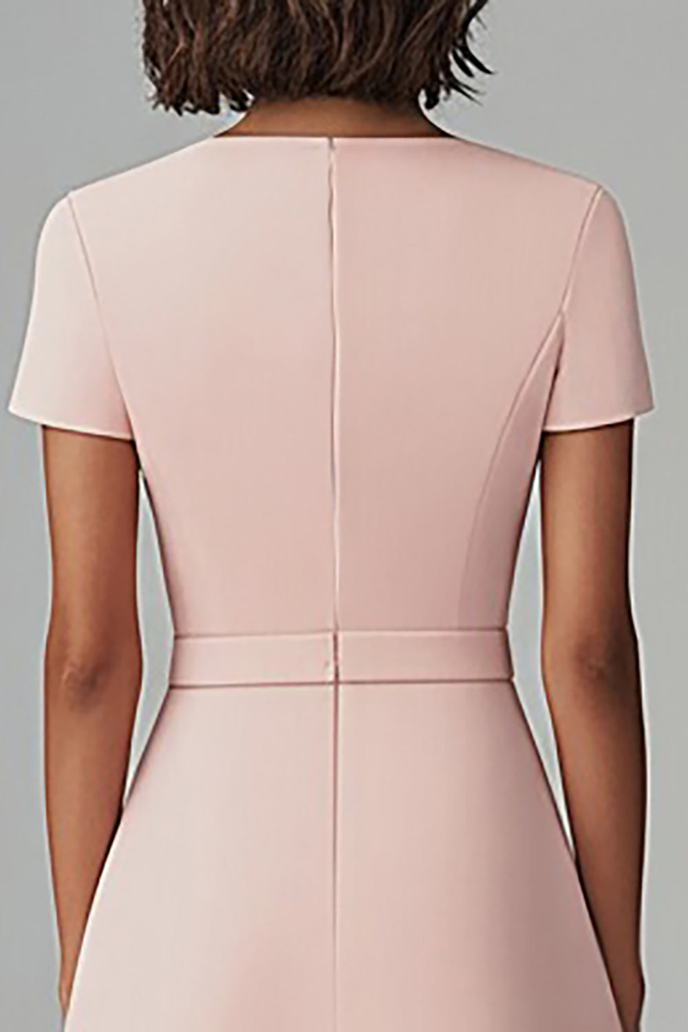 Pink Satin A Line Bateau Neck Midi Work Dress with Sleeves