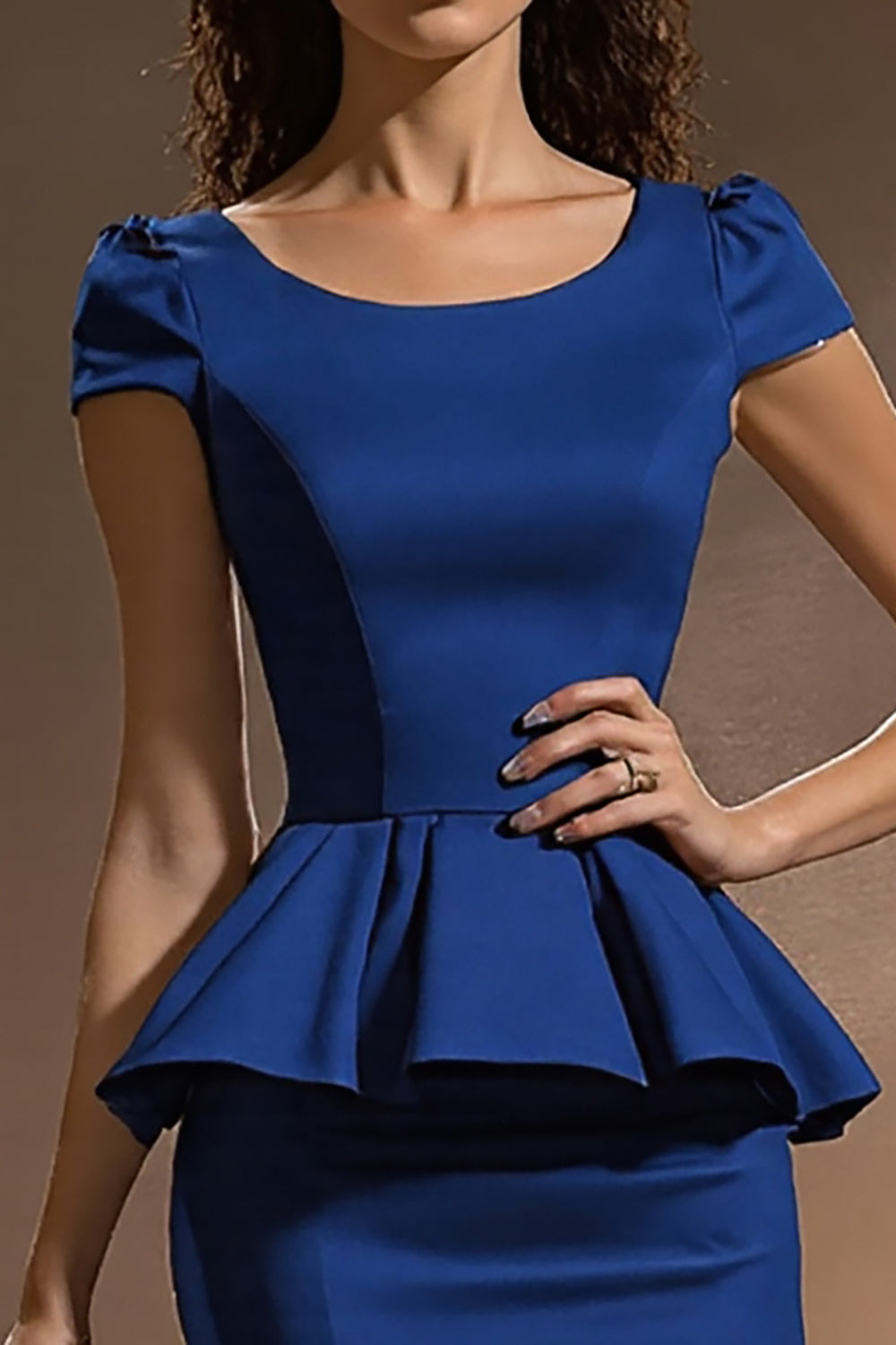 Dark Blue Bodycon Satin Short Work Dress with Ruffles