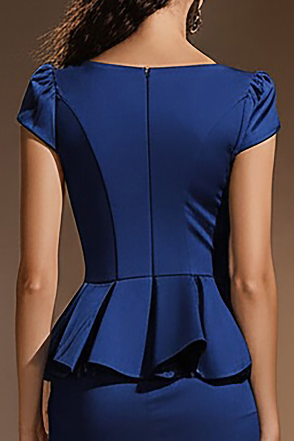 Dark Blue Bodycon Satin Short Work Dress with Ruffles