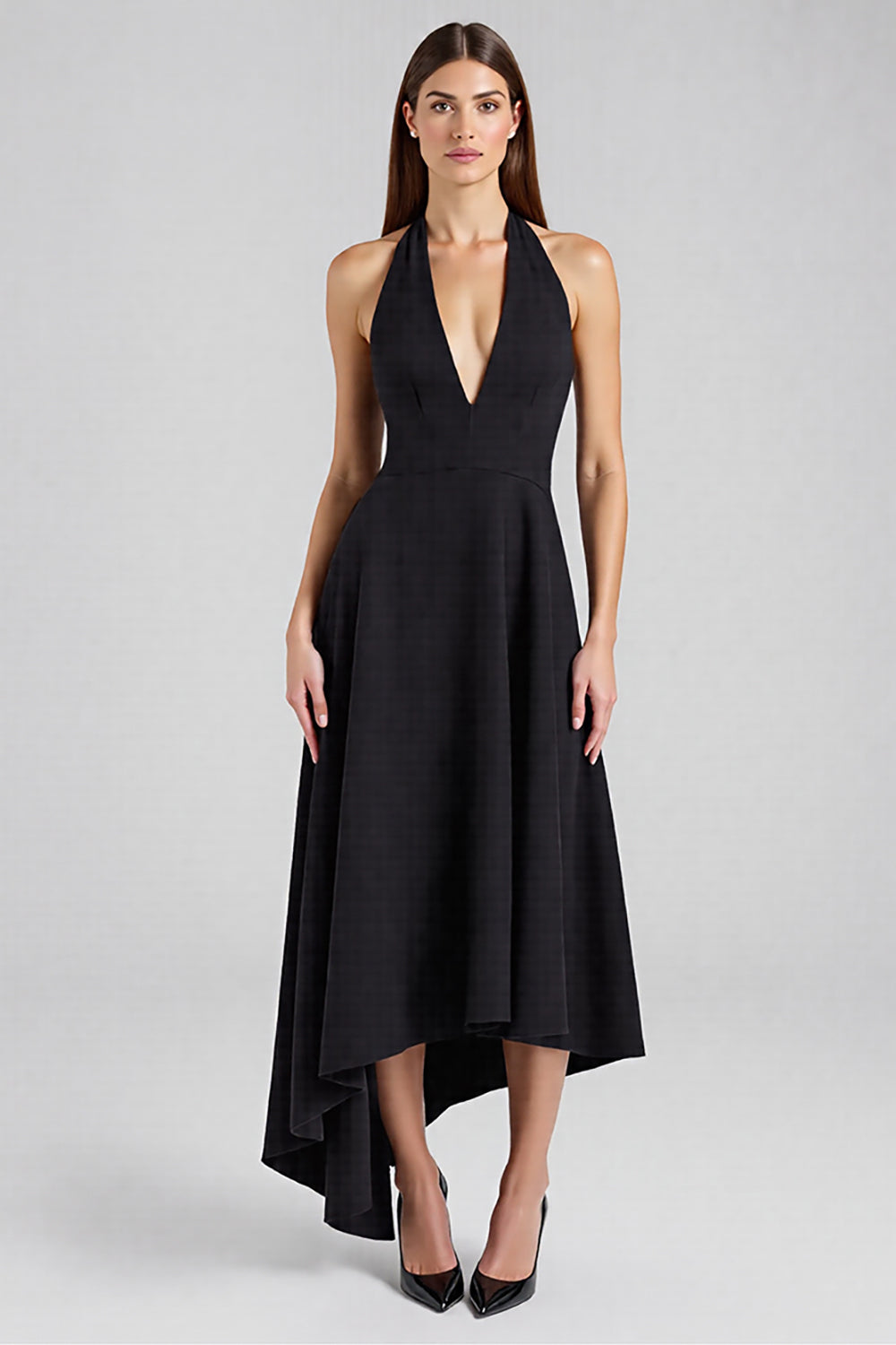 Black Satin Asymmetrical Halter Backless Long Wedding Guest Dress