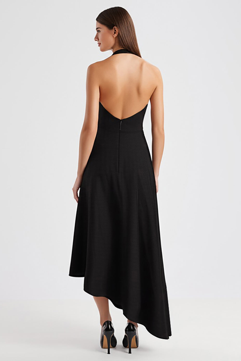 Black Satin Asymmetrical Halter Backless Long Wedding Guest Dress