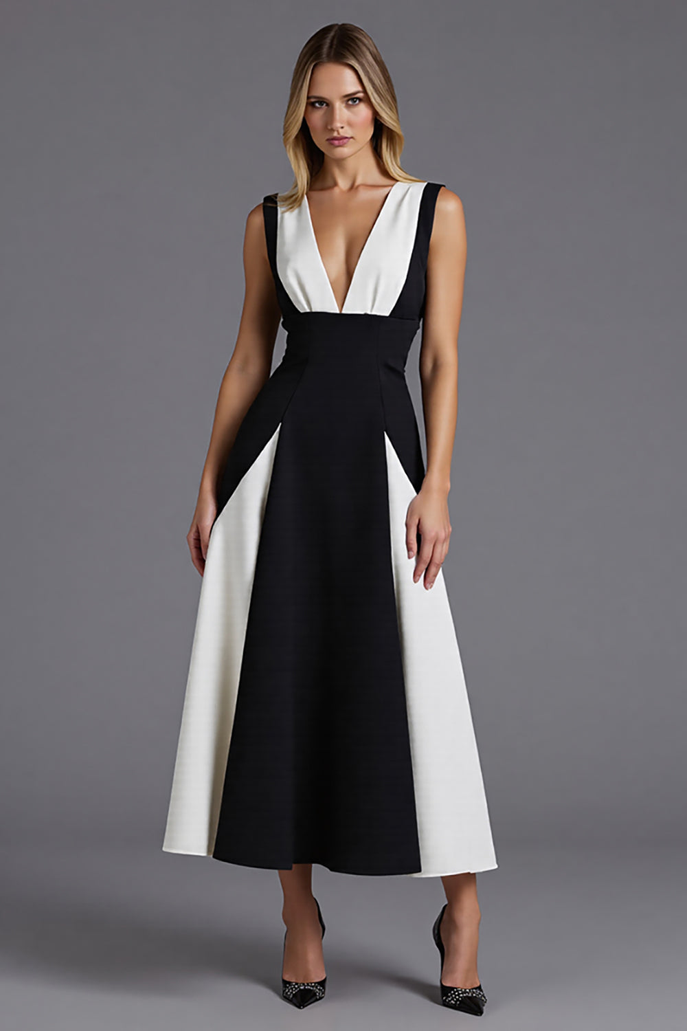 Black and White Satin A Line V-Neck Patchwork Long Wedding Guest Dress