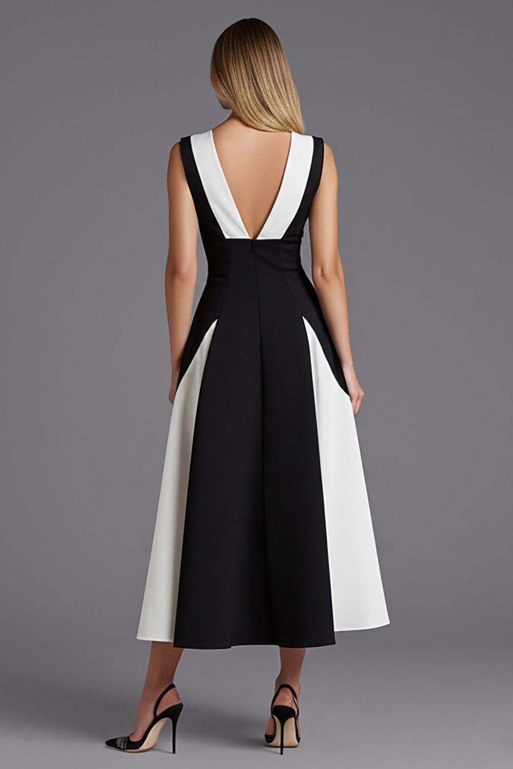 Black and White Satin A Line V-Neck Patchwork Long Wedding Guest Dress