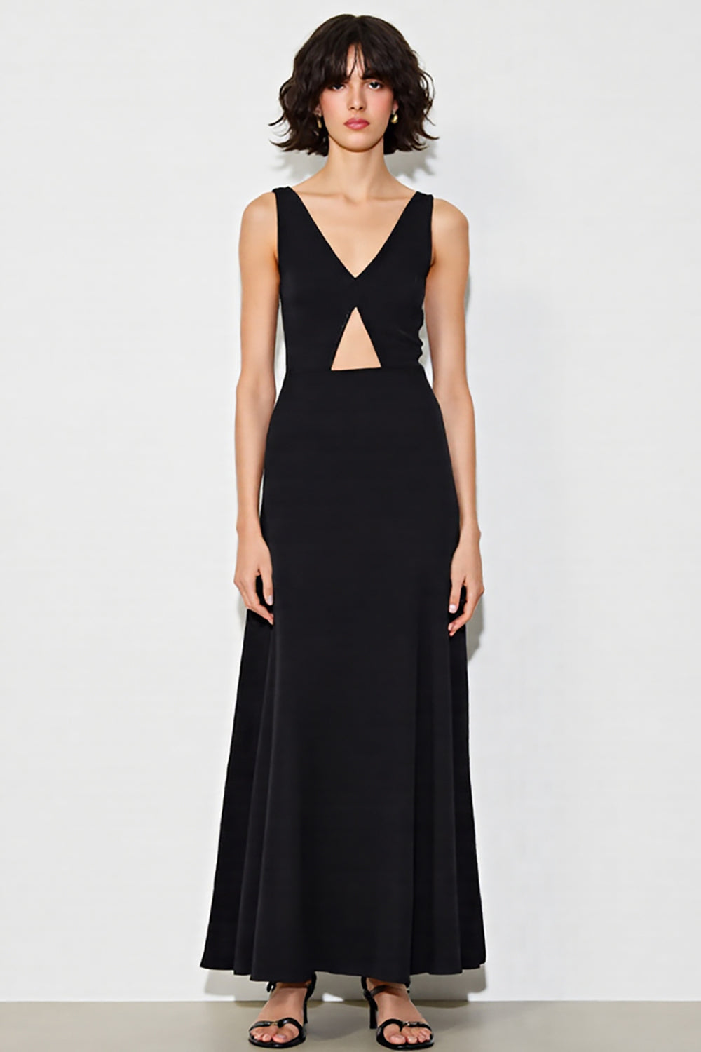 Black Satin A Line V-Neck Cut Out Long Wedding Guest Dress