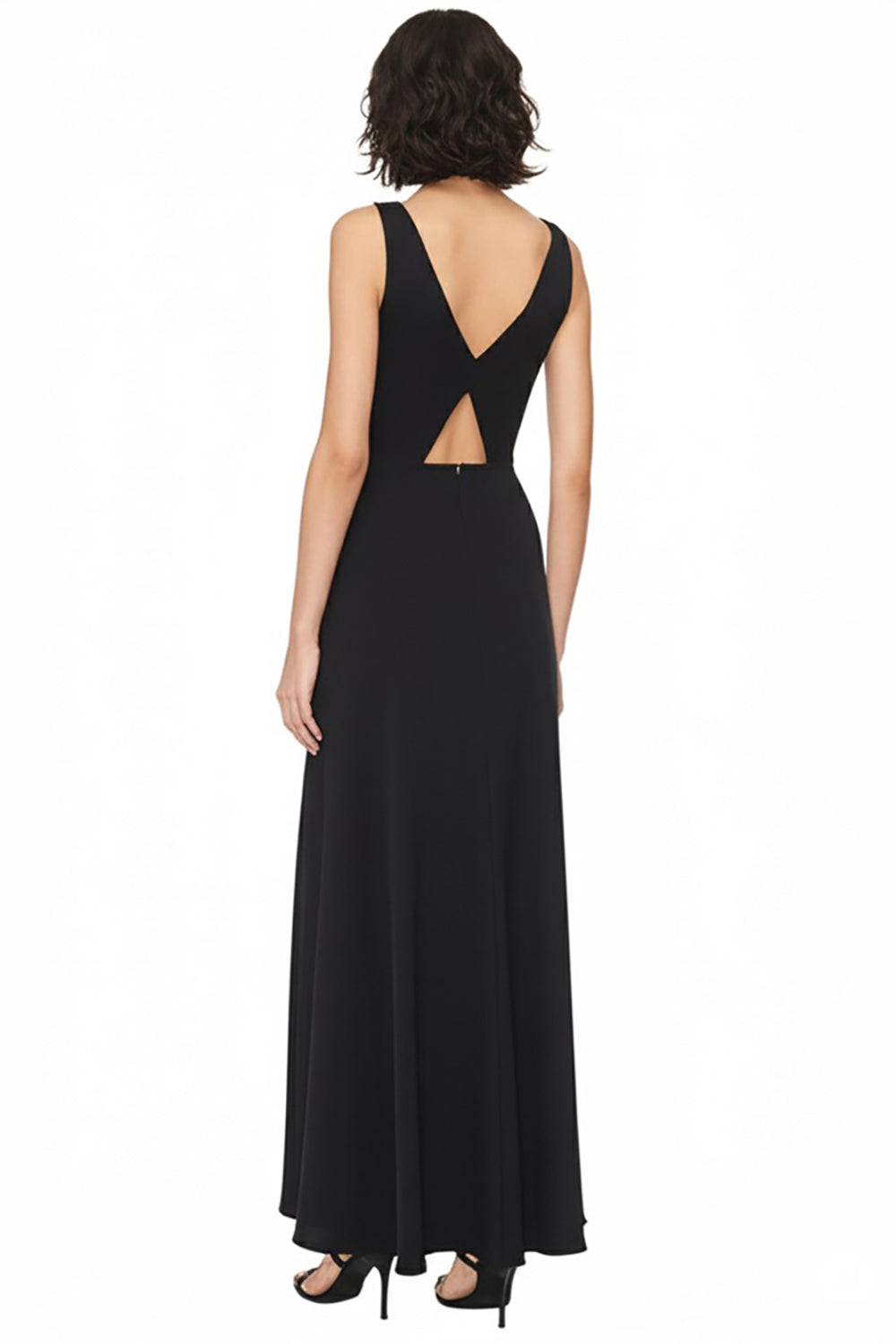 Black Satin A Line V-Neck Cut Out Long Wedding Guest Dress