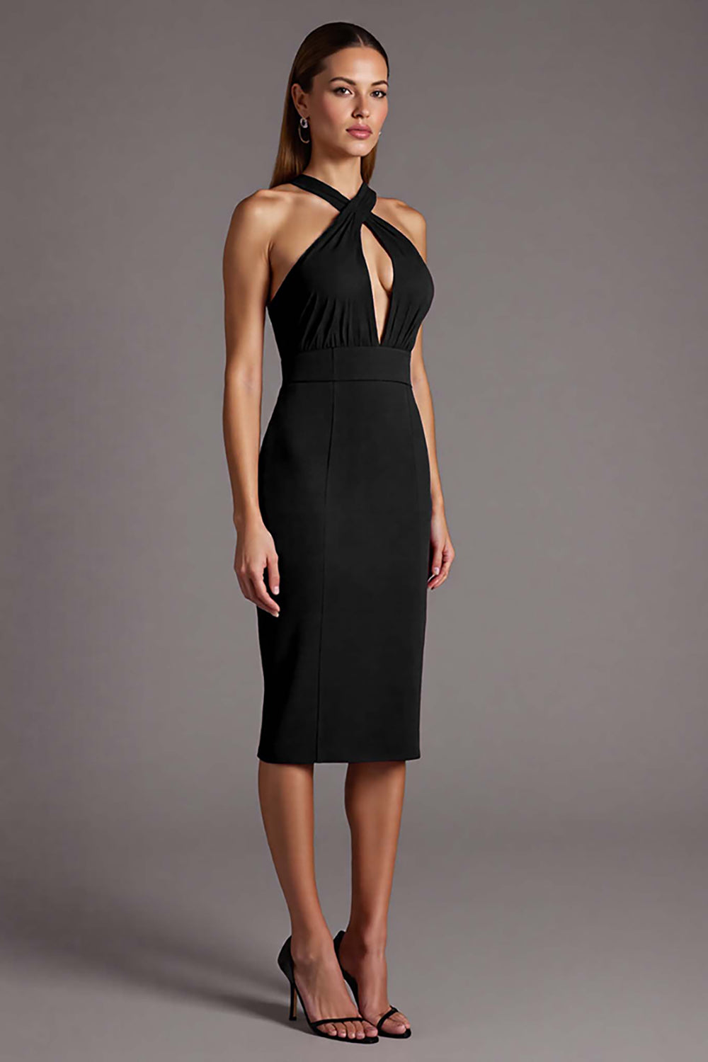 Black Satin Keyhole Bodycon Halter Midi Cocktail Dress