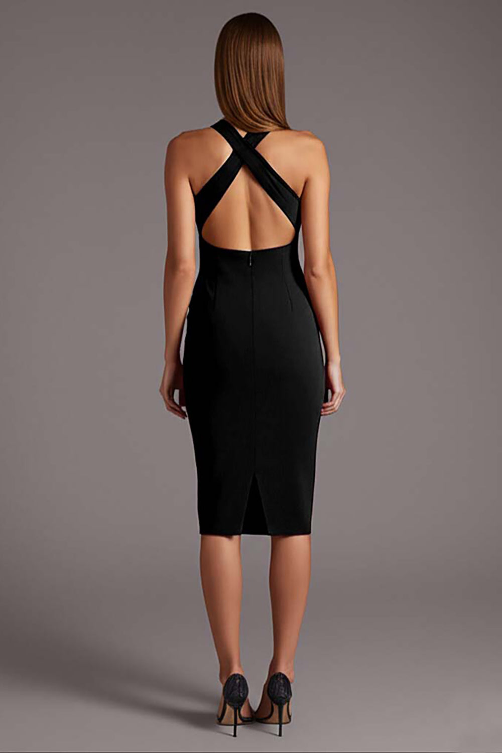 Black Satin Keyhole Bodycon Halter Midi Cocktail Dress