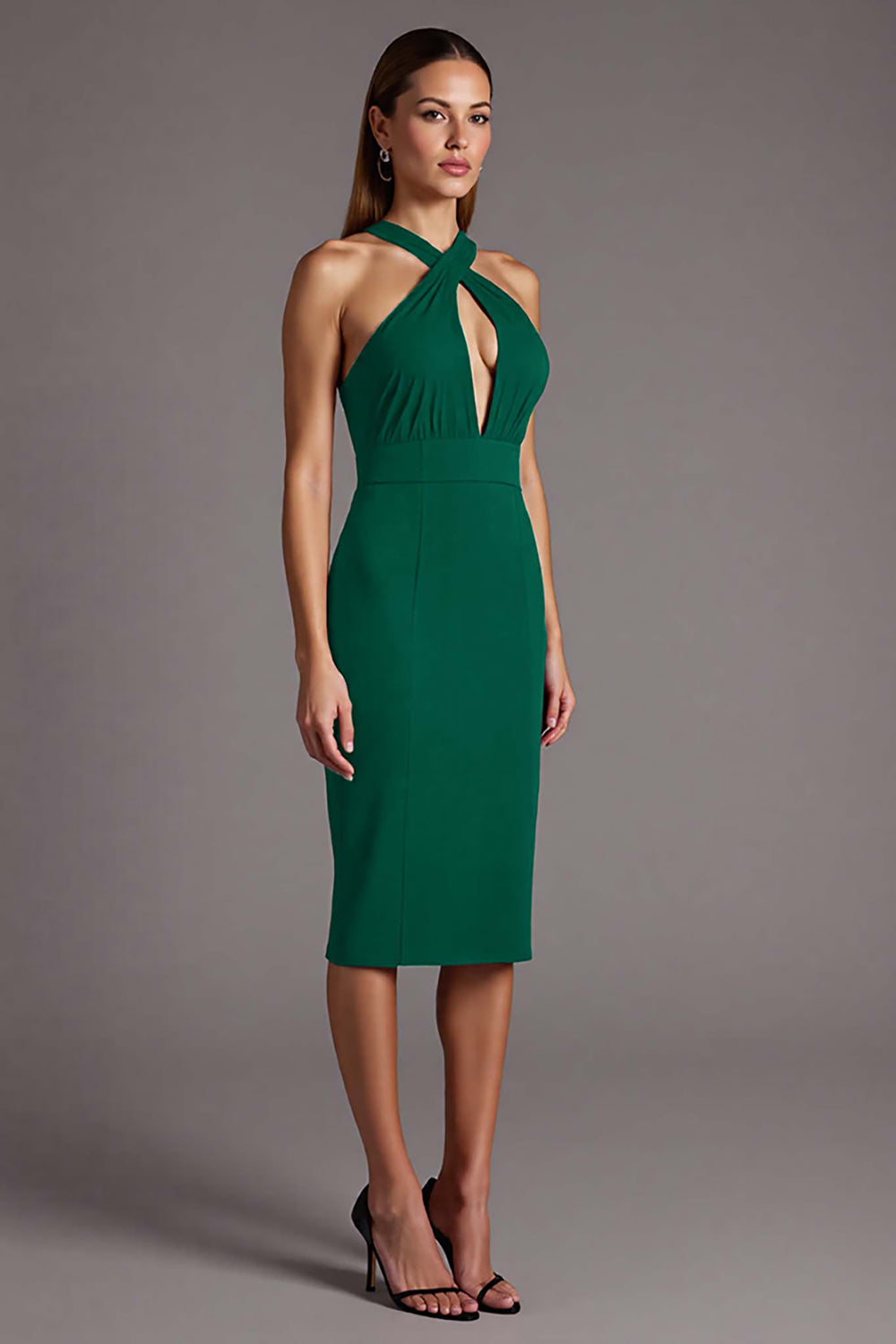 Black Satin Keyhole Bodycon Halter Midi Cocktail Dress