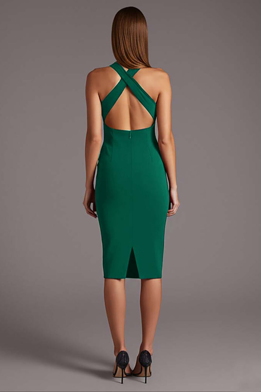 Black Satin Keyhole Bodycon Halter Midi Cocktail Dress