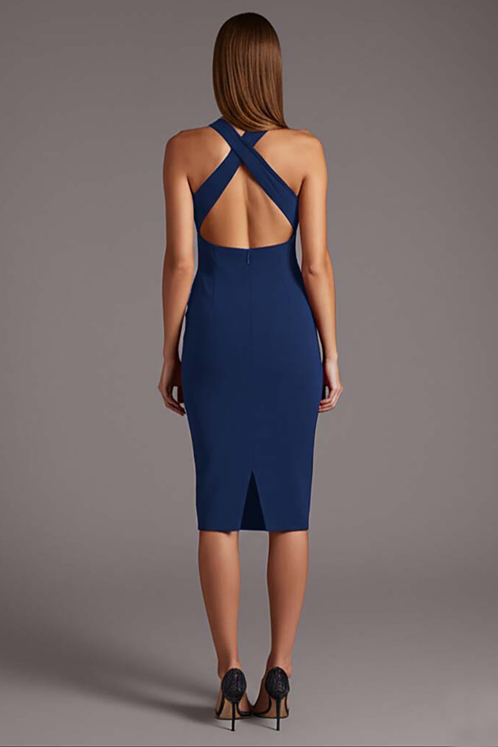 Black Satin Keyhole Bodycon Halter Midi Cocktail Dress