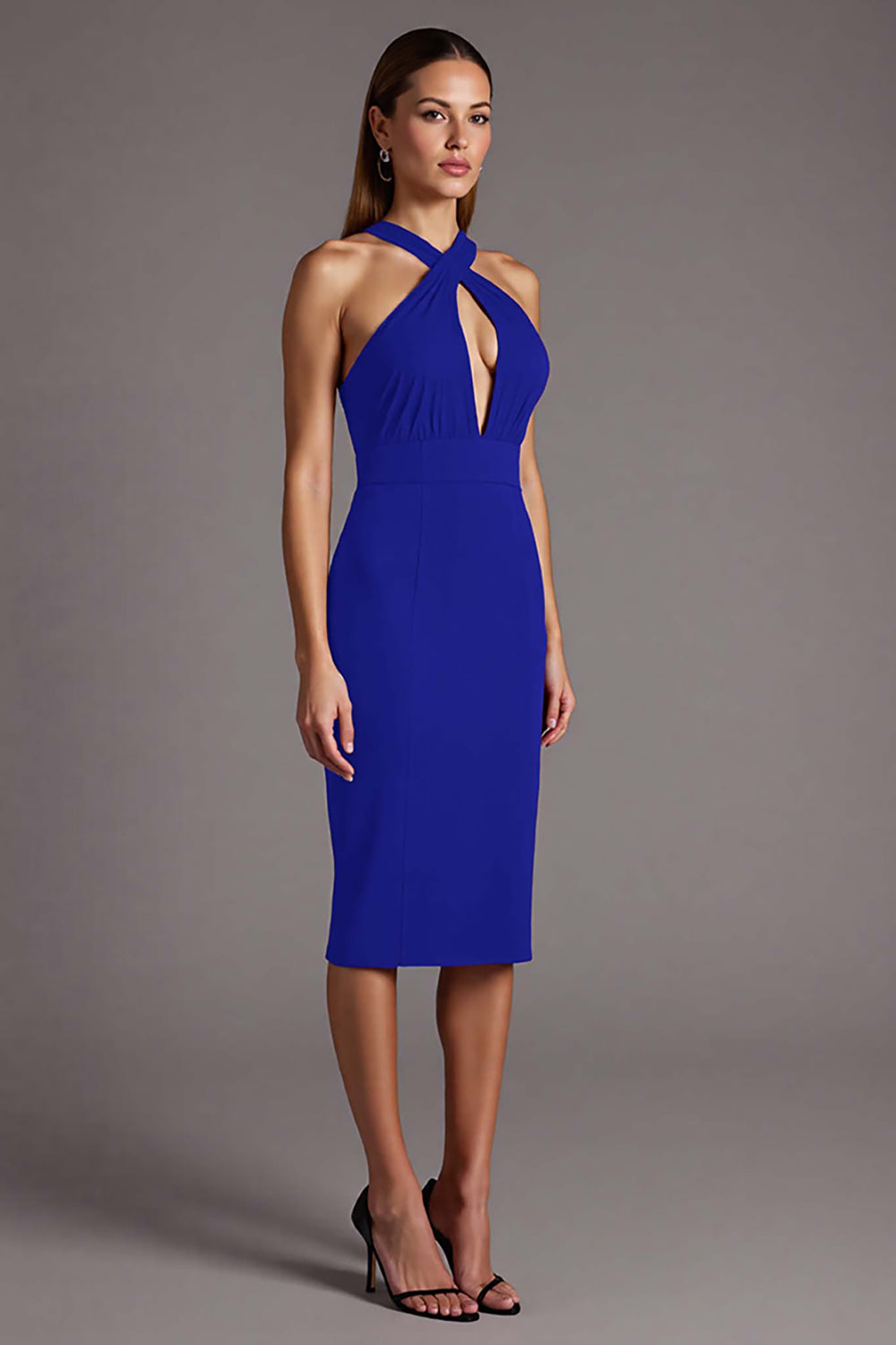 Black Satin Keyhole Bodycon Halter Midi Cocktail Dress