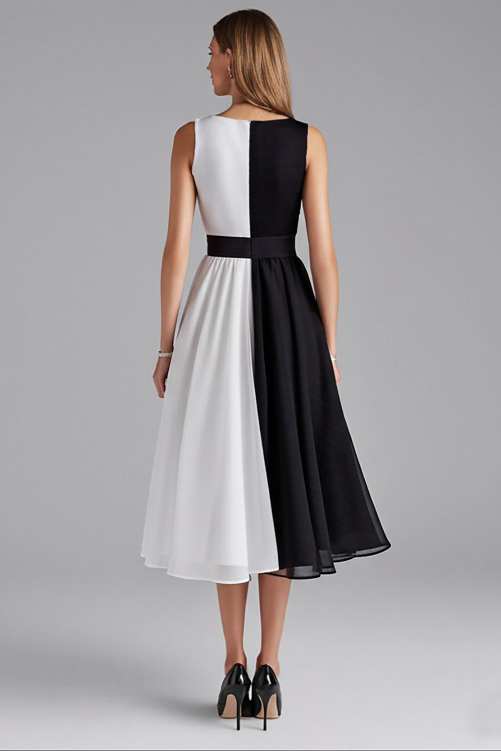 Black and White Chiffon Patchwork A Line Midi Cocktail Dress