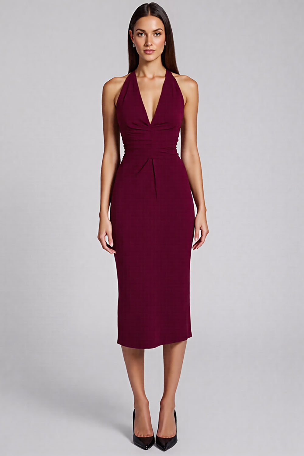 Black Satin Bodycon Backless Halter Midi Cocktail Dress