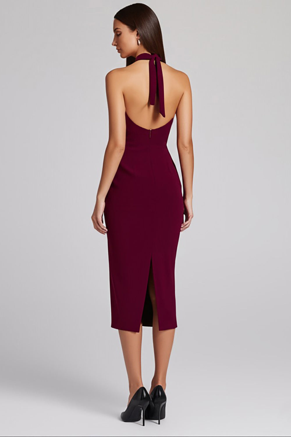 Black Satin Bodycon Backless Halter Midi Cocktail Dress