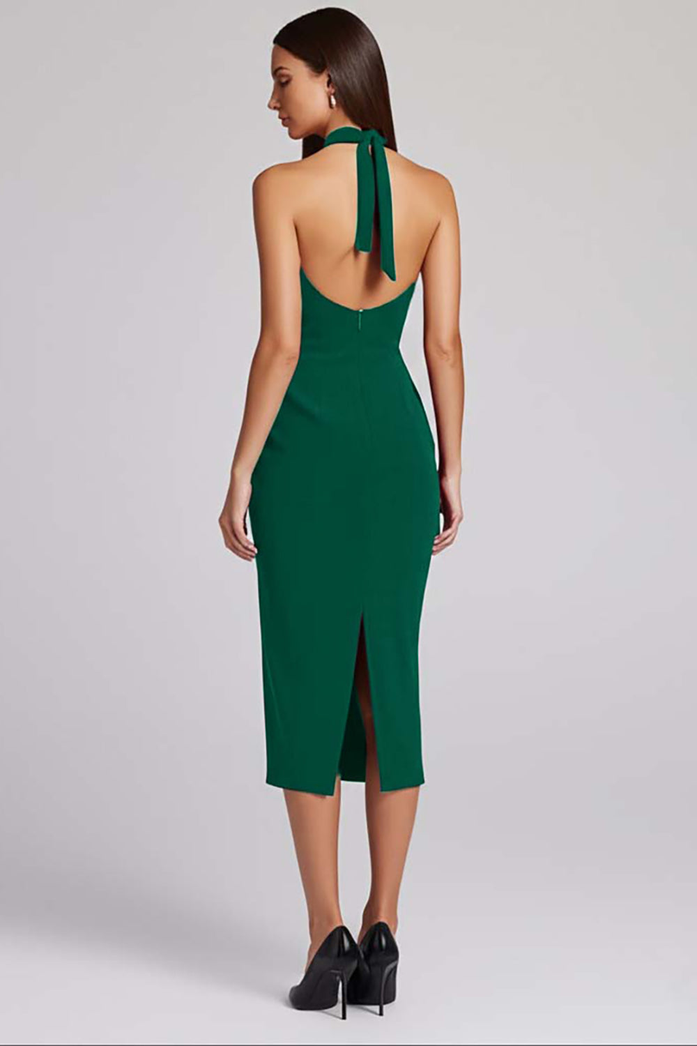 Black Satin Bodycon Backless Halter Midi Cocktail Dress