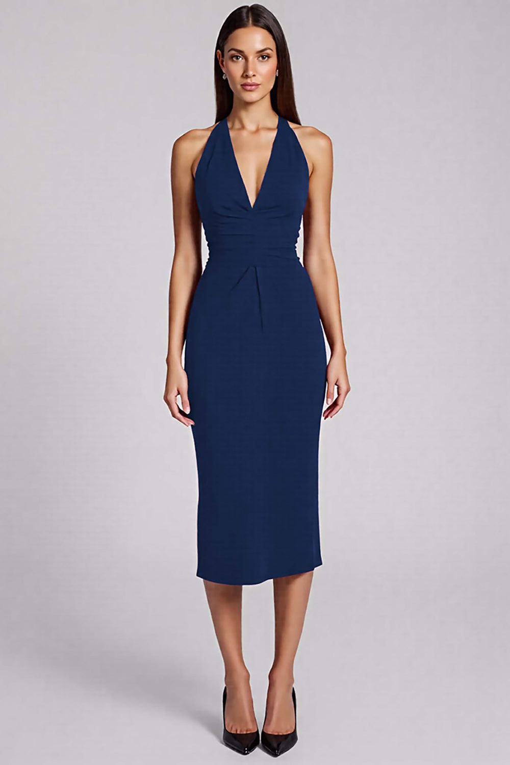 Black Satin Bodycon Backless Halter Midi Cocktail Dress