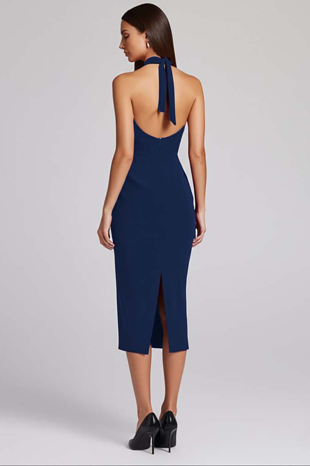 Black Satin Bodycon Backless Halter Midi Cocktail Dress
