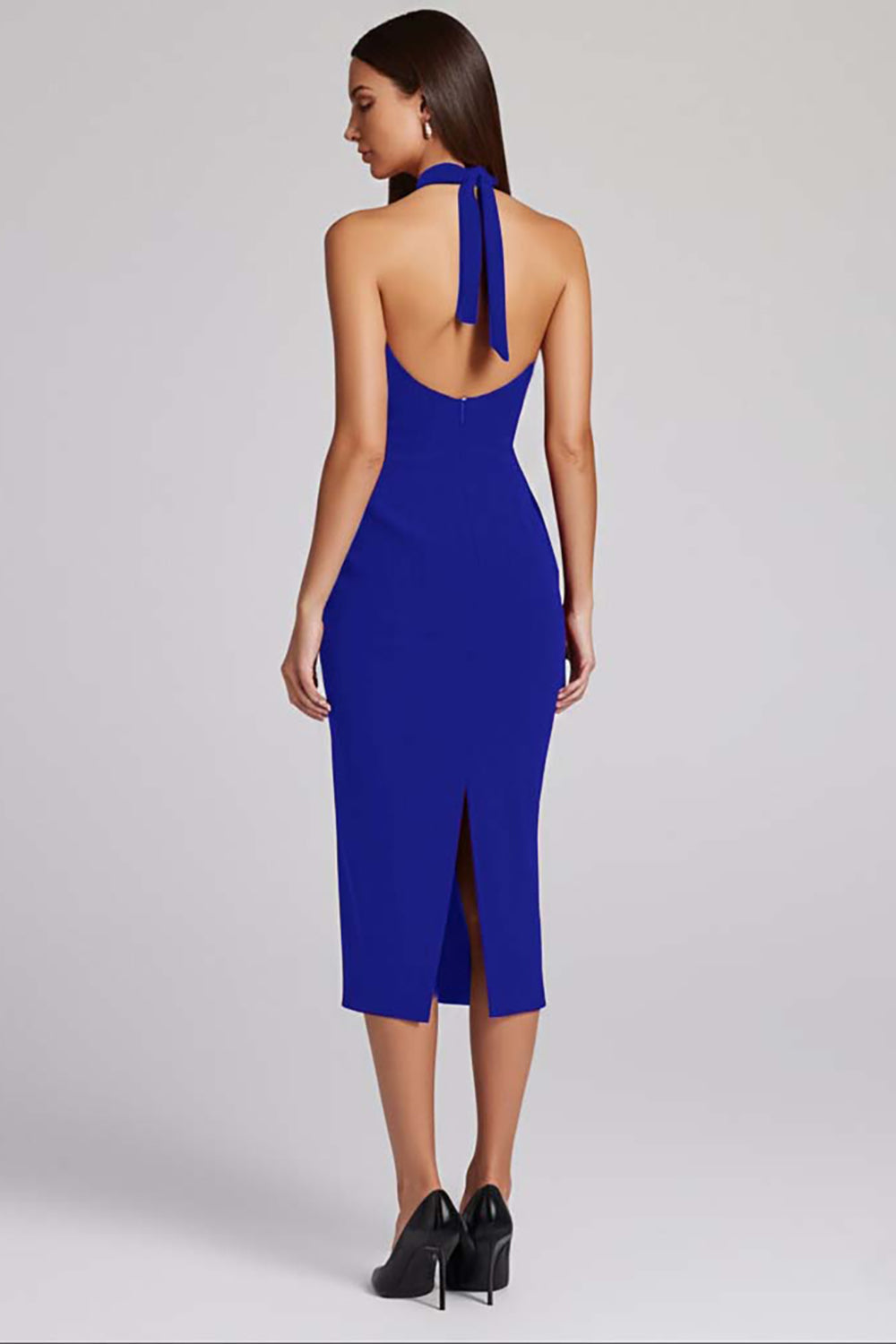 Black Satin Bodycon Backless Halter Midi Cocktail Dress