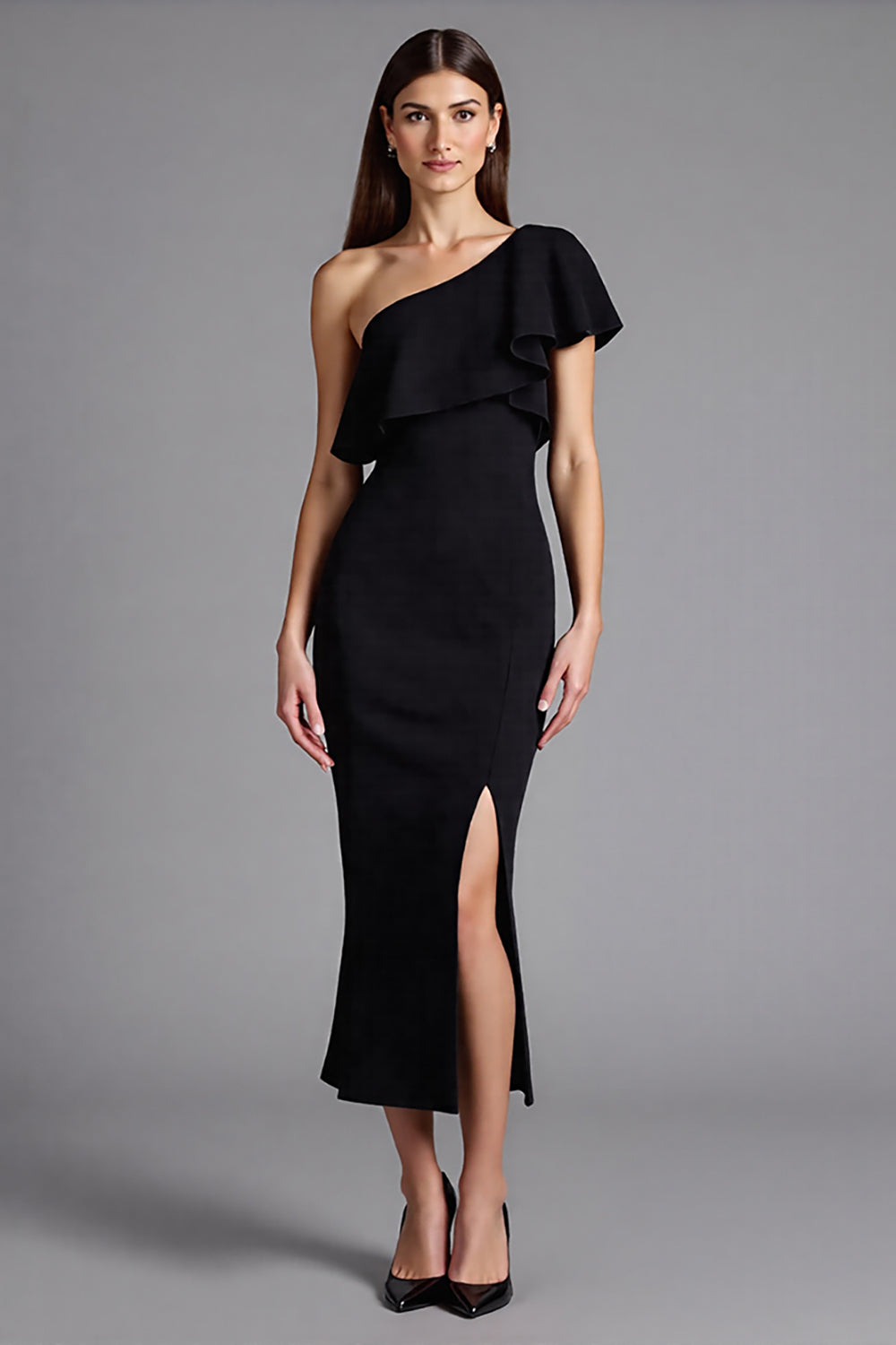 Satin One Shoulder Ruffled Long Wedding Guest Dress with Slit