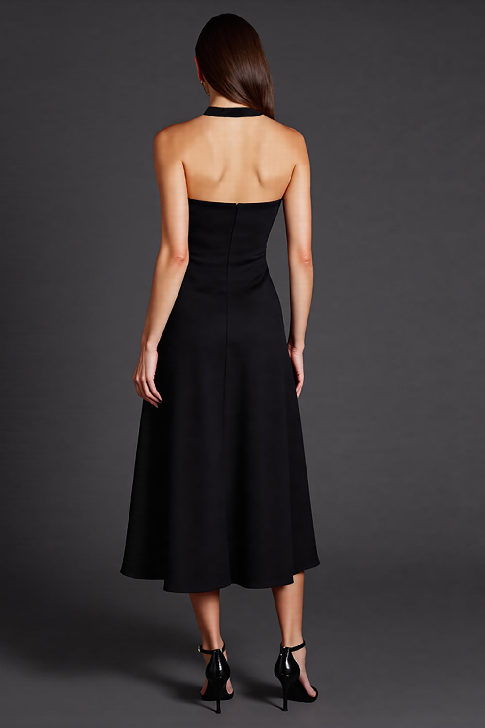 Black Satin A Line Halter Midi Cocktail Dress with Slit
