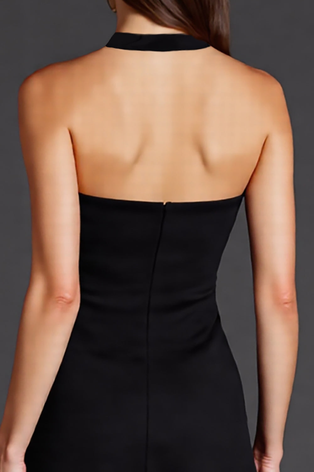Black Satin A Line Halter Midi Cocktail Dress with Slit
