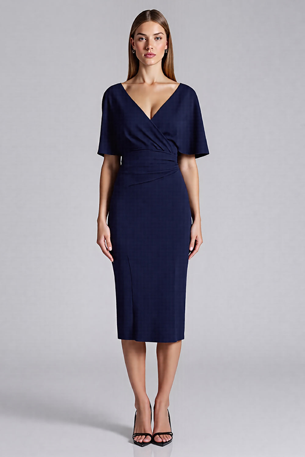 Navy Bodycon Satin V-Neck Midi Cocktail Dress with Ruffles