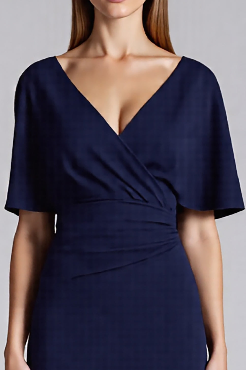 Navy Bodycon Satin V-Neck Midi Cocktail Dress with Ruffles