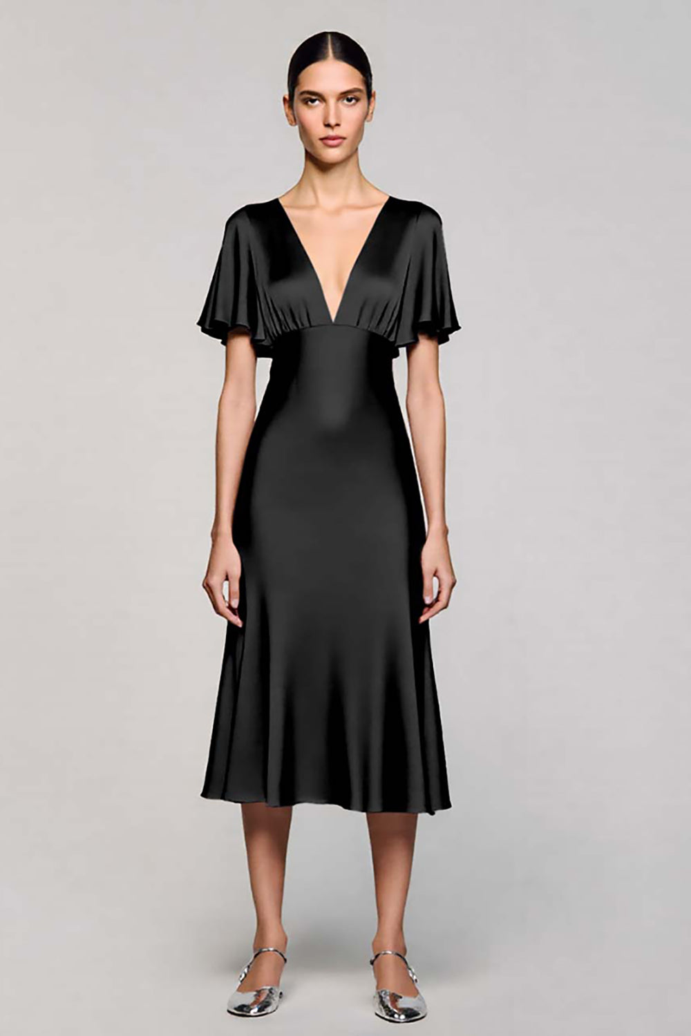 Black A Line V-Neck Satin Midi Wedding Guest Dress with Ruffles