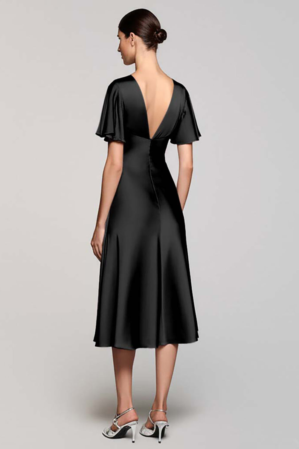 Black A Line V-Neck Satin Midi Wedding Guest Dress with Ruffles