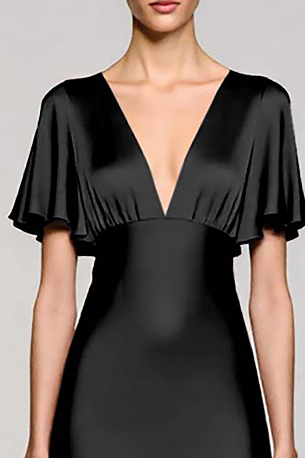 Black A Line V-Neck Satin Midi Wedding Guest Dress with Ruffles