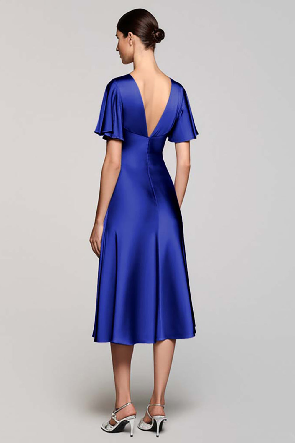 Black A Line V-Neck Satin Midi Wedding Guest Dress with Ruffles