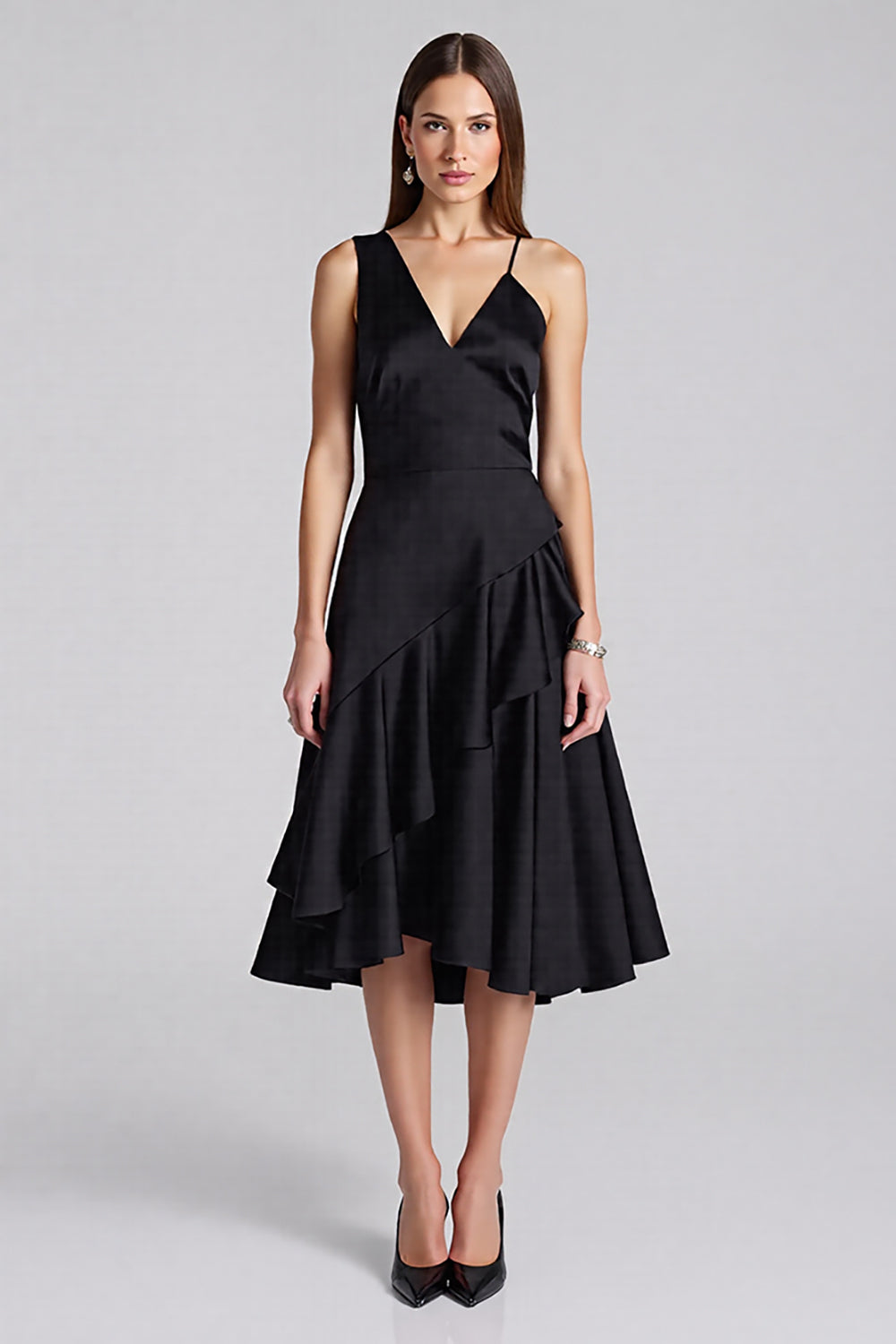 Black A Line Satin V-Neck Midi Wedding Guest Dress with Ruffles