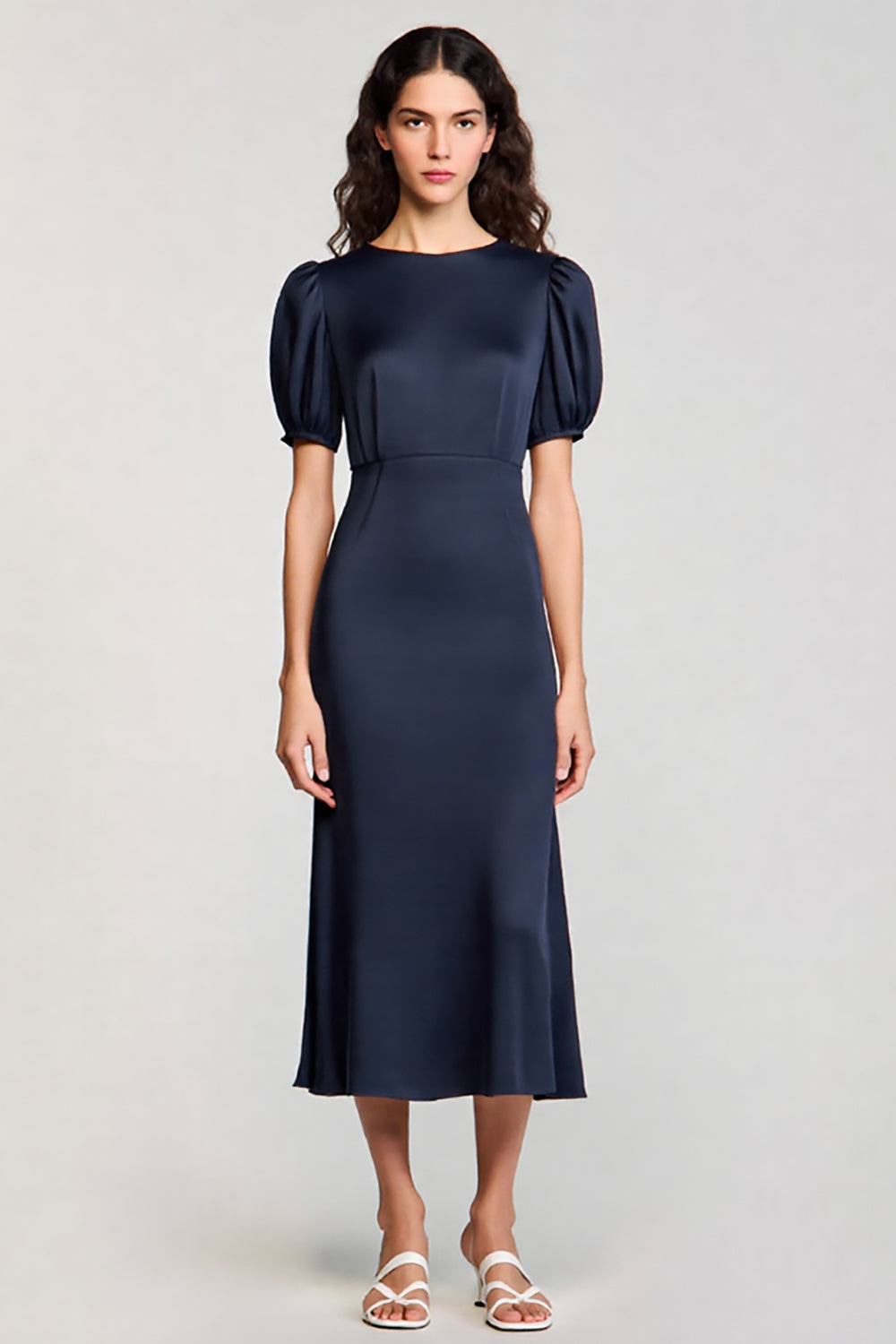 Navy Satin A Line Midi Work Dress with Sleeves