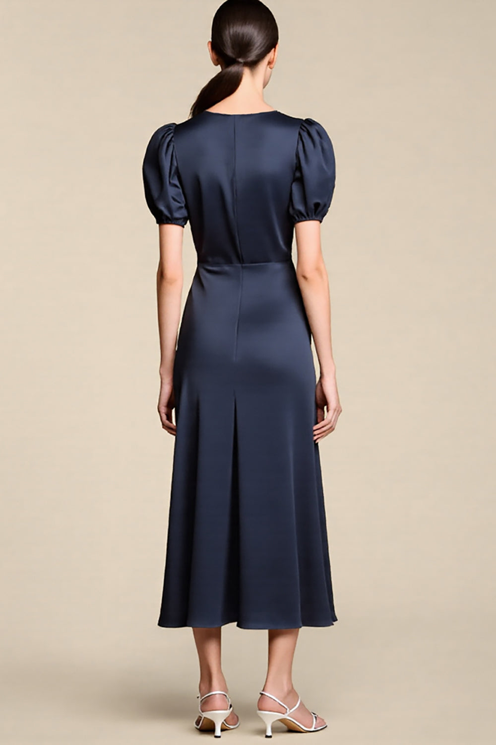 Navy Satin A Line Midi Work Dress with Sleeves
