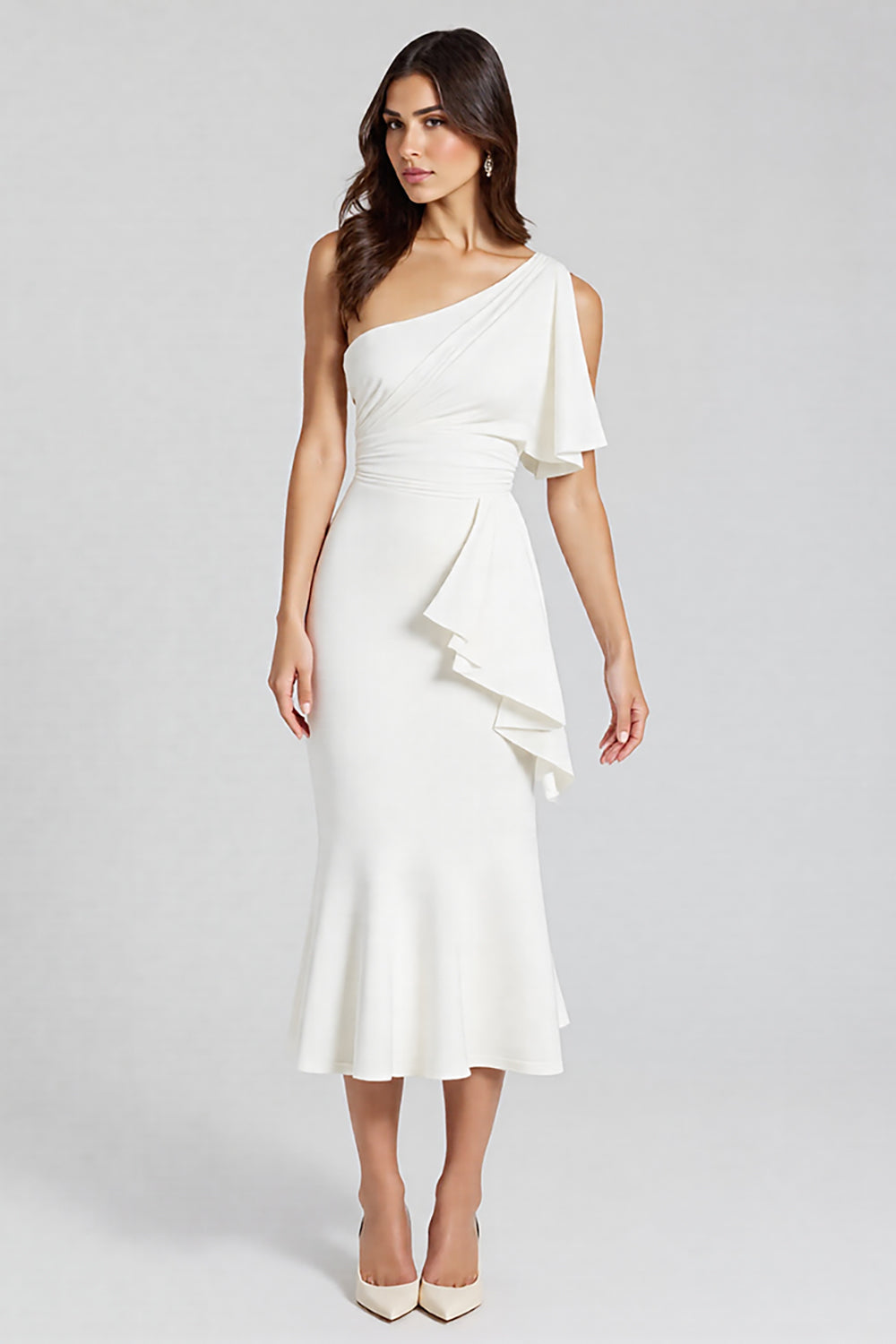 Ivory One Shoulder Satin Midi Wedding Guest Dress with Ruffles