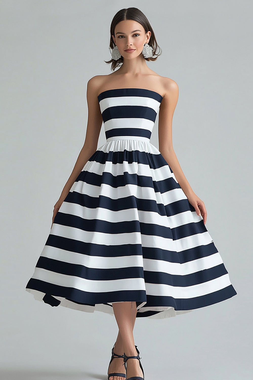 Navy White A Line Strapless Striped Midi Cocktail Dress