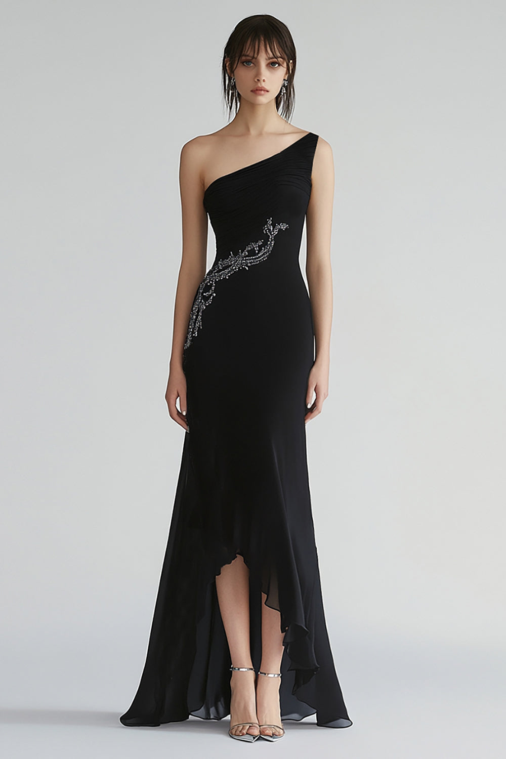 Sparkly Chiffon One Shoulder Long Wedding Guest Dress with Beading