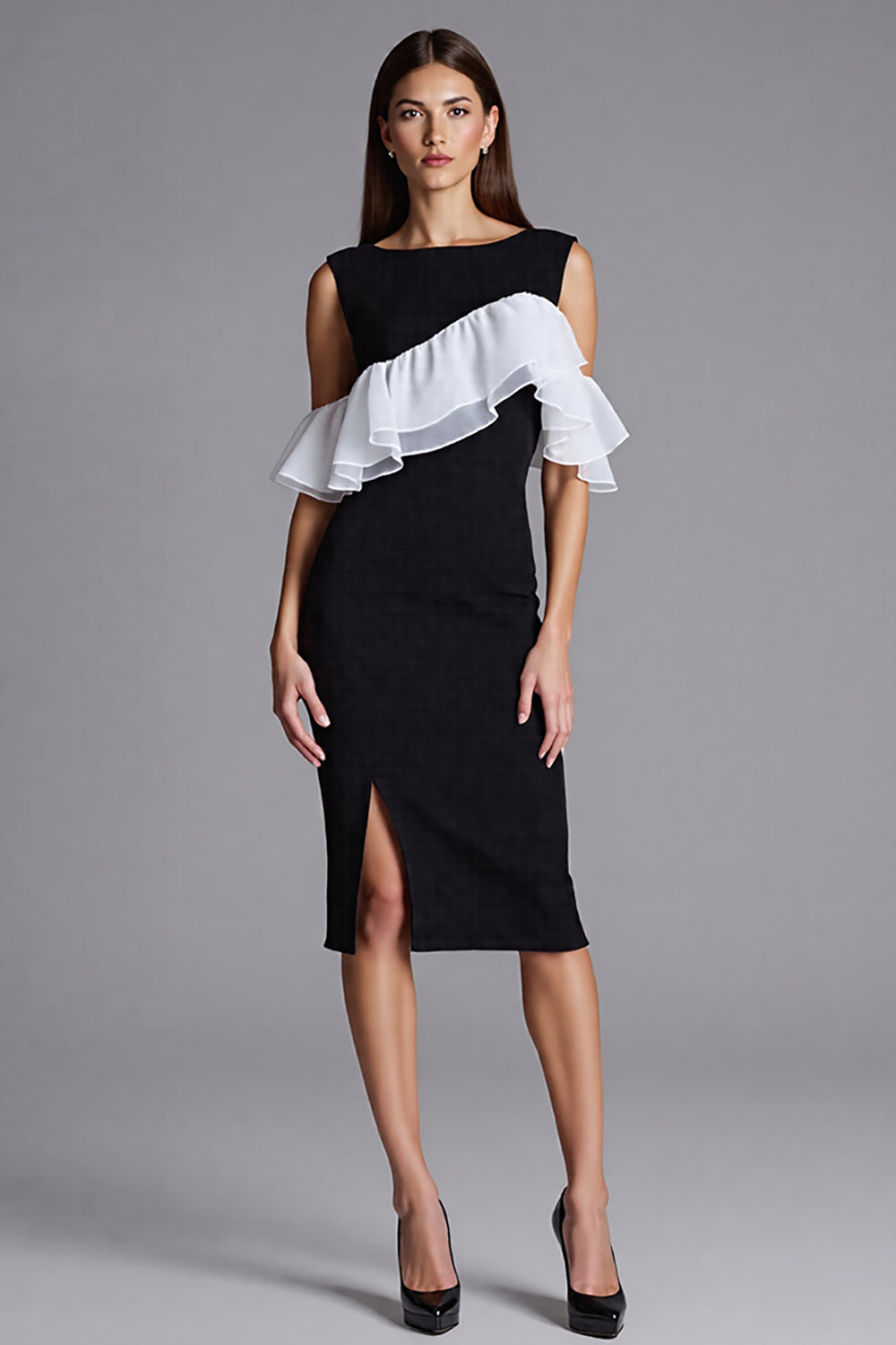 Black and White Satin Bodycon Midi Work Dress with Ruffles