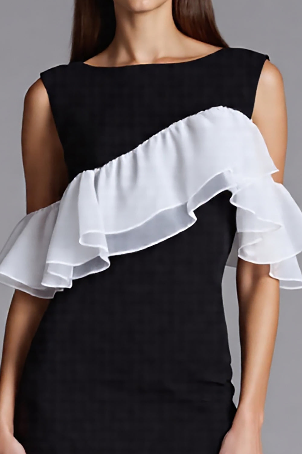 Black and White Satin Bodycon Midi Work Dress with Ruffles