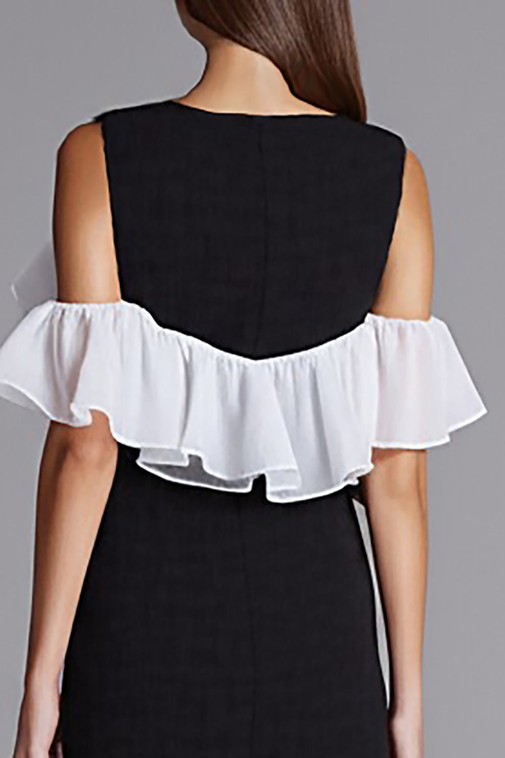 Black and White Satin Bodycon Midi Work Dress with Ruffles