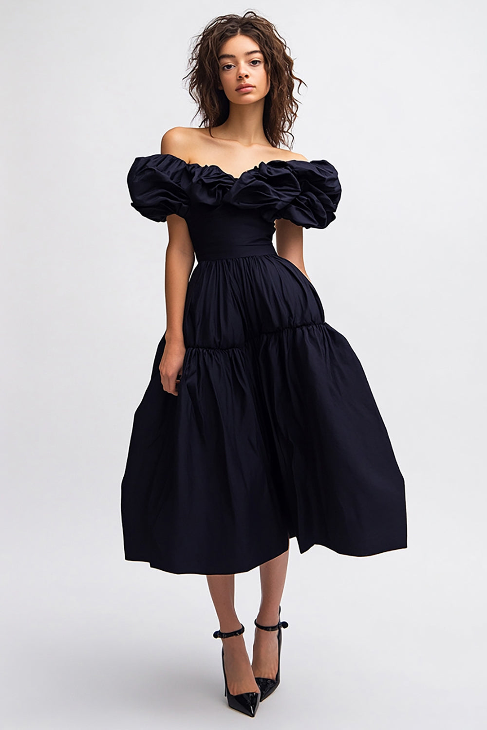 Black A Line Off the Shoulder Midi Satin Cocktail Dress with Ruffles