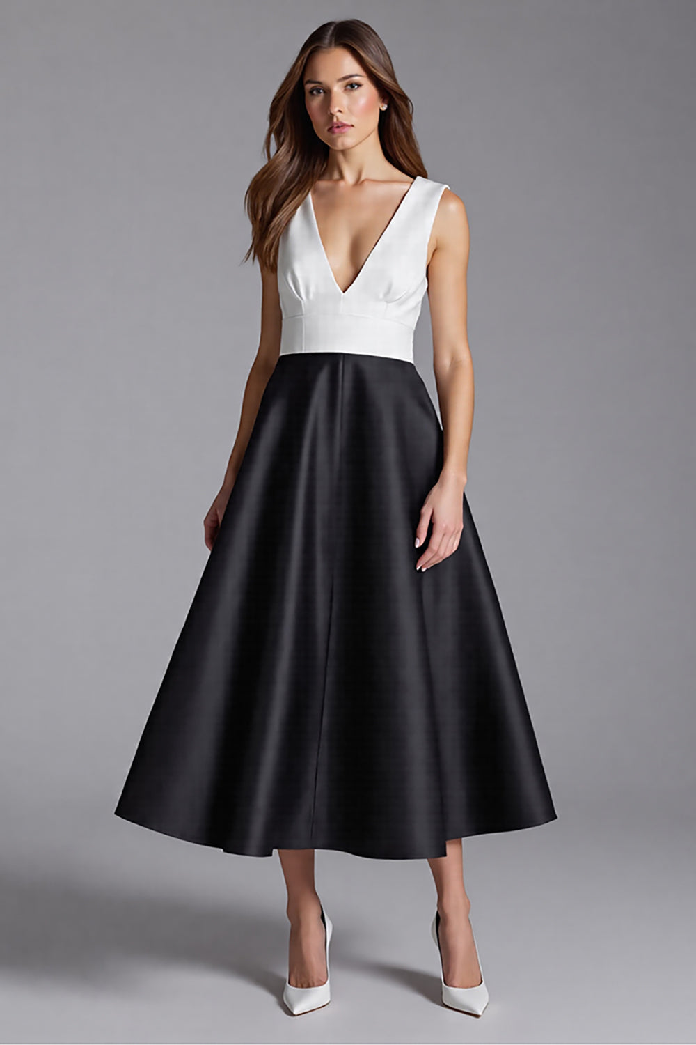 Black and White Patchwork A Line Midi Satin Cocktail Dress