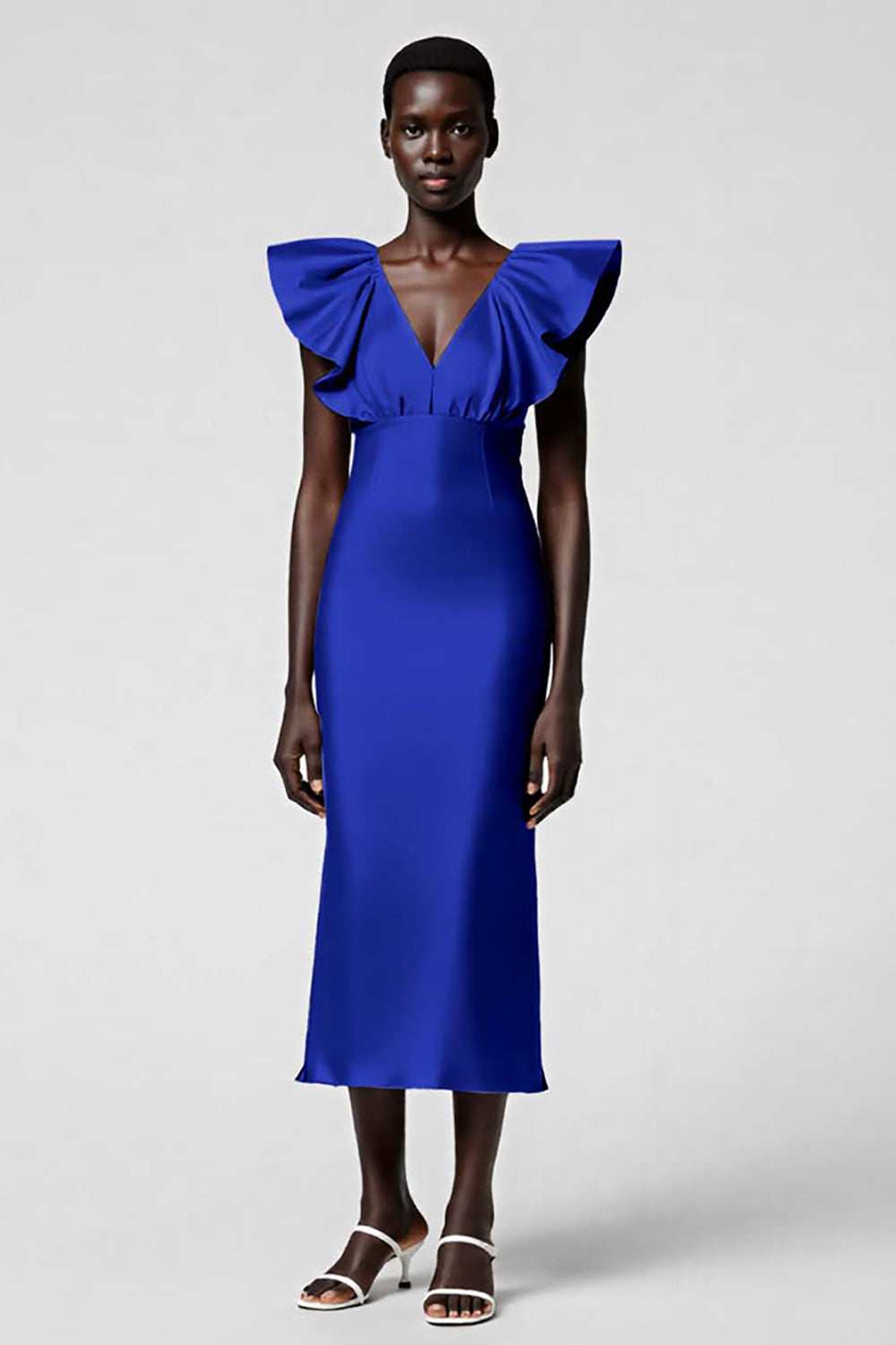Burgundy Satin Sheath Midi Wedding Guest Dress with Ruffles