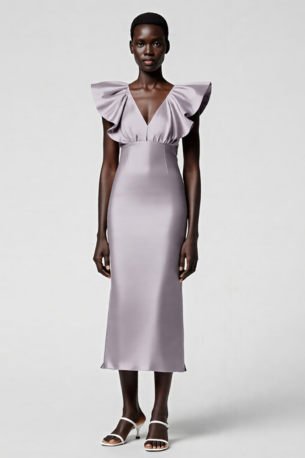 Burgundy Satin Sheath Midi Wedding Guest Dress with Ruffles