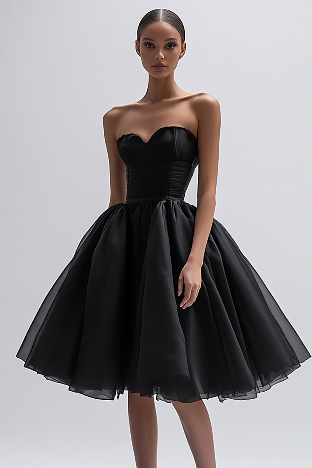 Simple Black Tulle Sweetheart A Line Midi Cocktail Dress