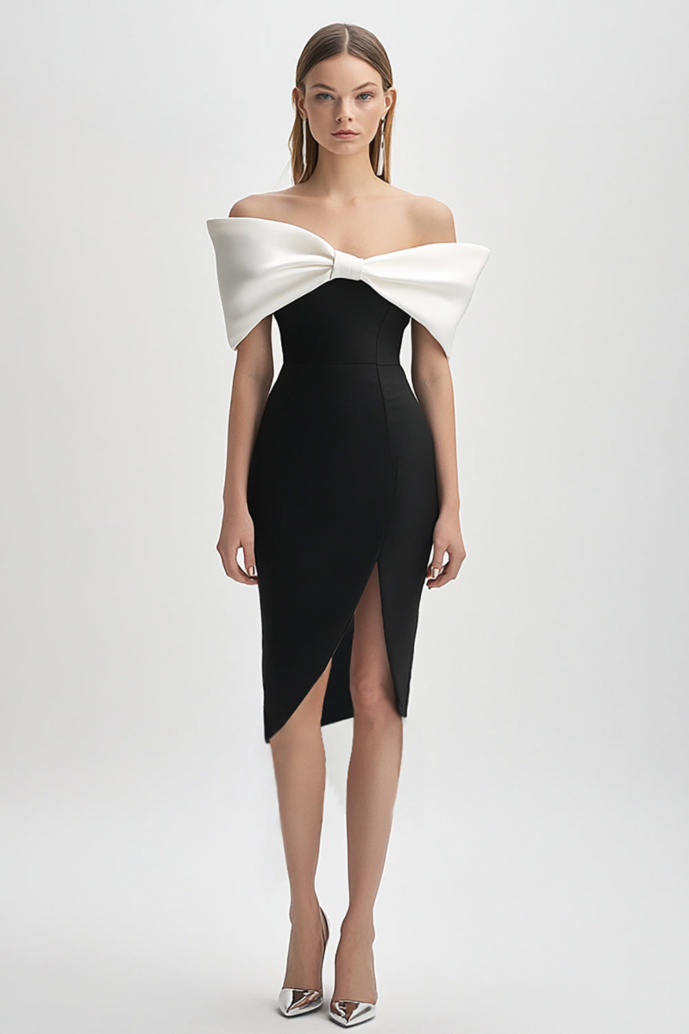 Black and White Bodycon Strapless Short Work Dress with Bow